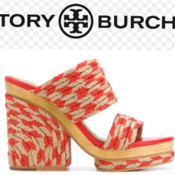Tory Burch Women's Size 8.5 Lola Woven Jute Lthr Red Crm Platfrom Slide Sandals - Picture 8 of 14